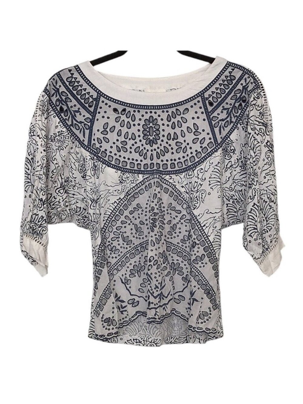 Maeve Blue White Boat Neck 3/4 Sleeves Boho Top XS